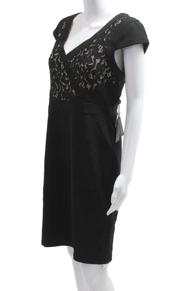 Adrianna Papell Women Black Sheath Dress V Neck Short Sleeve Size 8