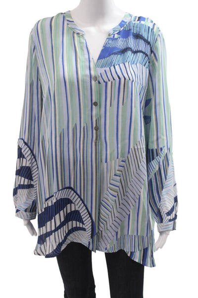 Nic + Zoe Womens Tunic Blue Striped V Neck Long Sleeve Button Up Size 1X
