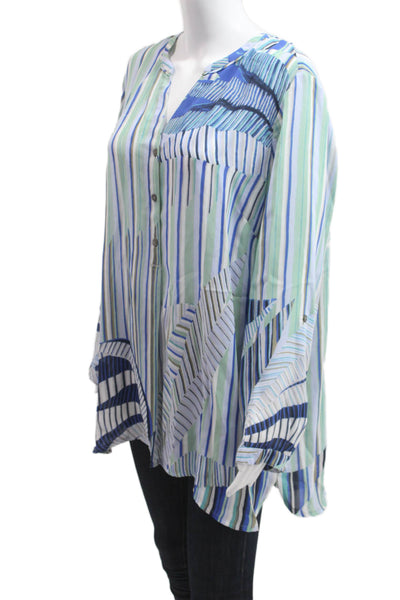 Nic + Zoe Womens Tunic Blue Striped V Neck Long Sleeve Button Up Size 1X