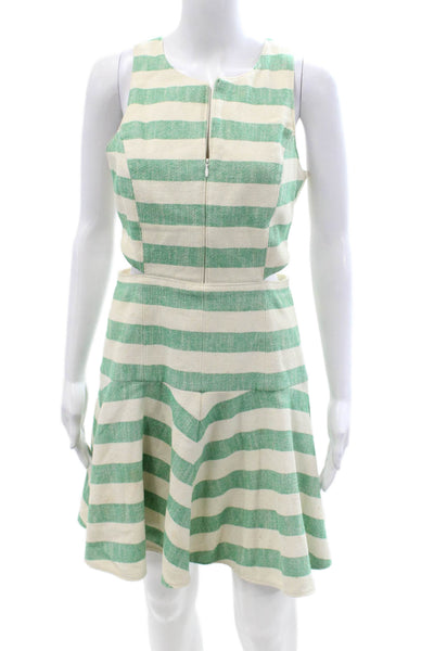 Tibi Women Beige Fit & Flare Mini Dress Striped Sleeveless Zip Size 6