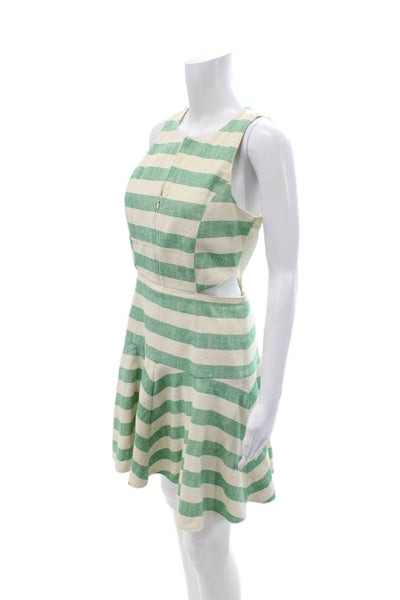 Tibi Women Beige Fit & Flare Mini Dress Striped Sleeveless Zip Size 6