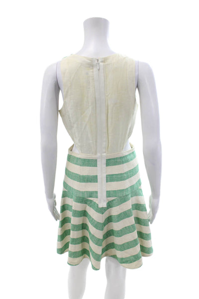 Tibi Women Beige Fit & Flare Mini Dress Striped Sleeveless Zip Size 6