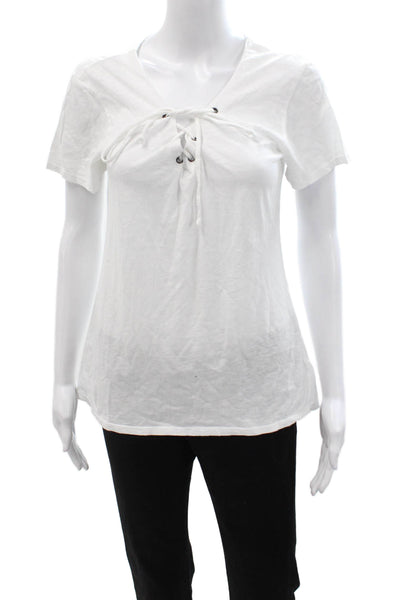 Velvet Womens White V Neck Cotton Short Sleeve T Shirt Bohemian Size S