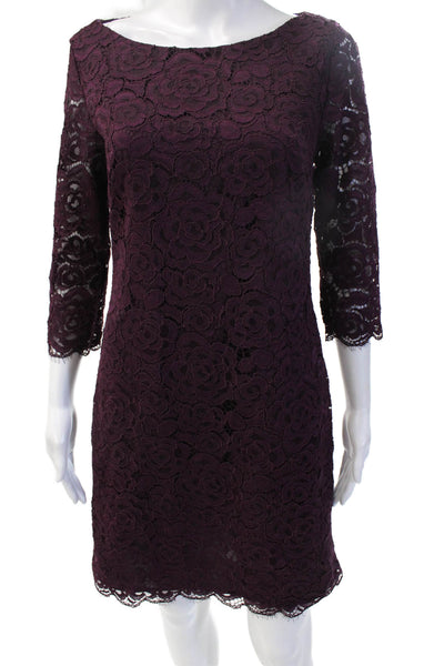 Trina Turk Women Sheath Dress Purple 3/4 Sleeve Round Neck Zip Floral Size 4