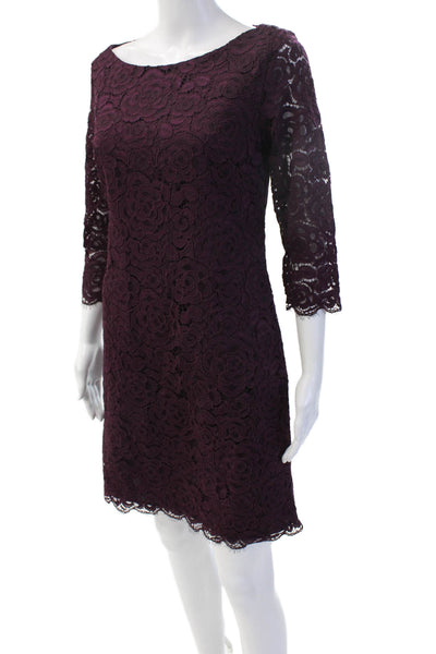 Trina Turk Women Sheath Dress Purple 3/4 Sleeve Round Neck Zip Floral Size 4