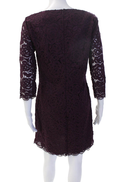 Trina Turk Women Sheath Dress Purple 3/4 Sleeve Round Neck Zip Floral Size 4