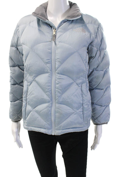 The North Face Womens Quilted Puffer Jacket Light Blue Nylon Zip Size L