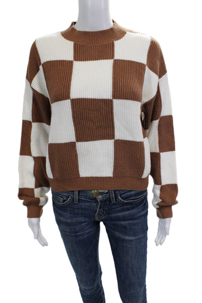 MNG Unisex Pullover Sweater Brown Check Mock Neck Long Sleeve Size S