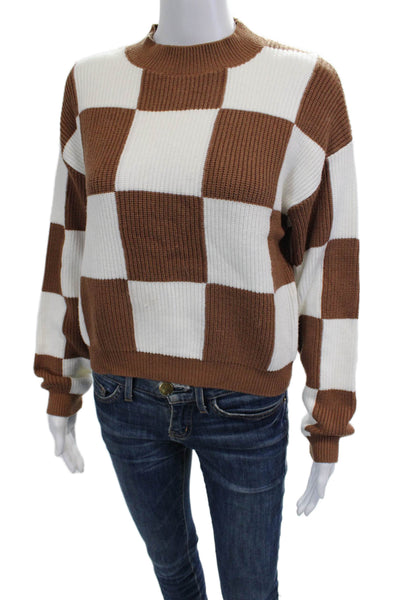 MNG Unisex Pullover Sweater Brown Check Mock Neck Long Sleeve Size S