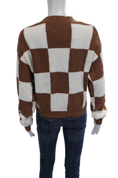 MNG Unisex Pullover Sweater Brown Check Mock Neck Long Sleeve Size S