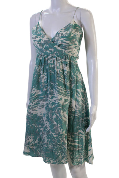 Tibi Women Slip Dress Green Silk V-Neck Mini Drawstring Beach Size 0 Tall