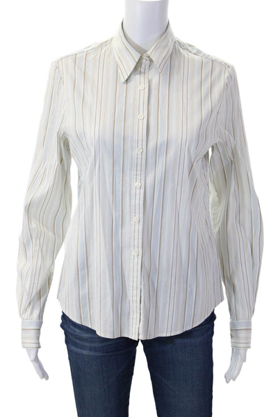 Faconnable Women Striped Collared Button-Up Top White Long Sleeve Size S