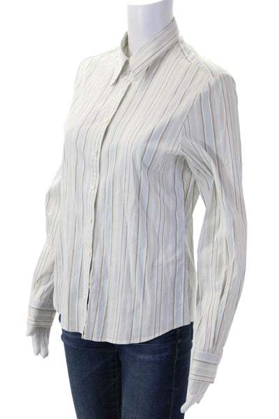 Faconnable Women Striped Collared Button-Up Top White Long Sleeve Size S
