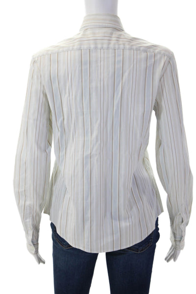 Faconnable Women Striped Collared Button-Up Top White Long Sleeve Size S