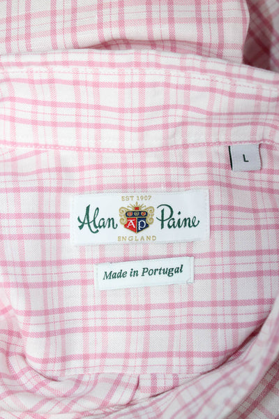 Alan Paine Mens Dress Shirt Button-Down Pink Check 55%Cotton 45%Linen Size L