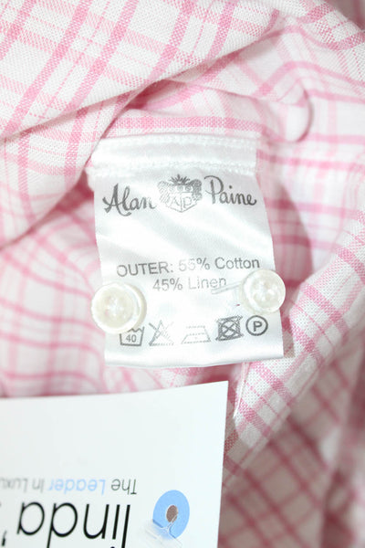 Alan Paine Mens Dress Shirt Button-Down Pink Check 55%Cotton 45%Linen Size L
