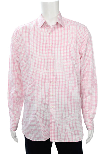 Alan Paine Mens Plaid Johnstone Spread Collar Shirt White Pink Size Medium