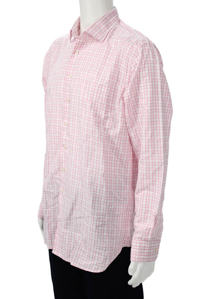 Alan Paine Mens Plaid Johnstone Spread Collar Shirt White Pink Size Medium