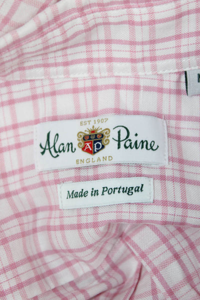 Alan Paine Mens Plaid Johnstone Spread Collar Shirt White Pink Size Medium