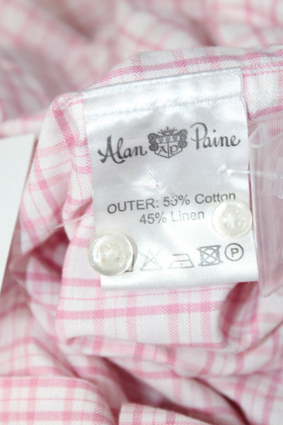 Alan Paine Mens Plaid Johnstone Spread Collar Shirt White Pink Size Medium