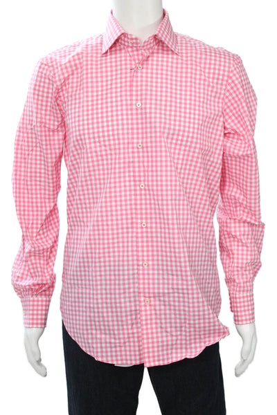 Hagen Mens Point Collar Check Button-Up Shirt Long Sleeve Pink Cotton Size 15.5