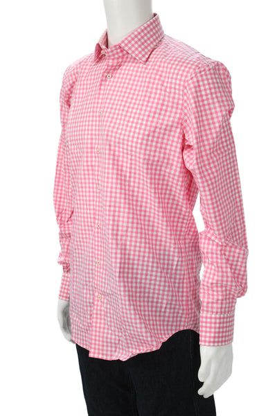 Hagen Mens Point Collar Check Button-Up Shirt Long Sleeve Pink Cotton Size 15.5