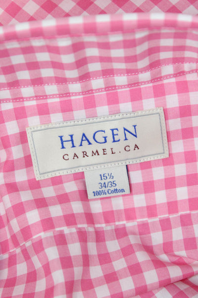 Hagen Mens Point Collar Check Button-Up Shirt Long Sleeve Pink Cotton Size 15.5