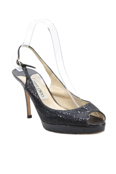 Jimmy Choo Womens Peep Toe Slingback Platform Heels Shoes Glittery Black Sz 7.5
