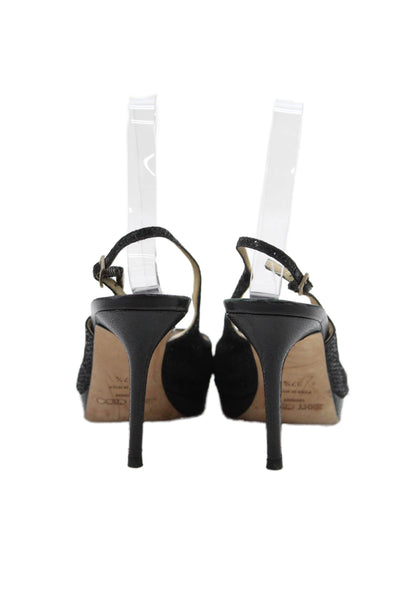 Jimmy Choo Womens Peep Toe Slingback Platform Heels Shoes Glittery Black Sz 7.5