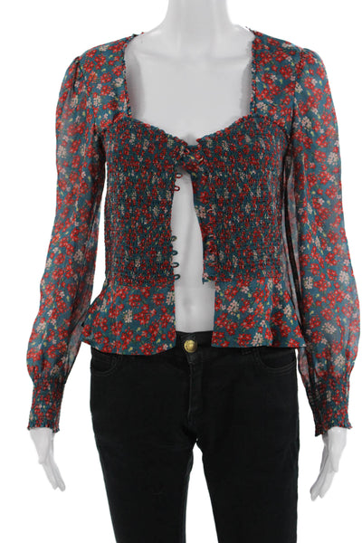 Intermix Women Blue Floral Viscose Square Neck Boho Blouse Long Sleeve Size 4