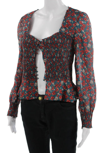 Intermix Women Blue Floral Viscose Square Neck Boho Blouse Long Sleeve Size 4