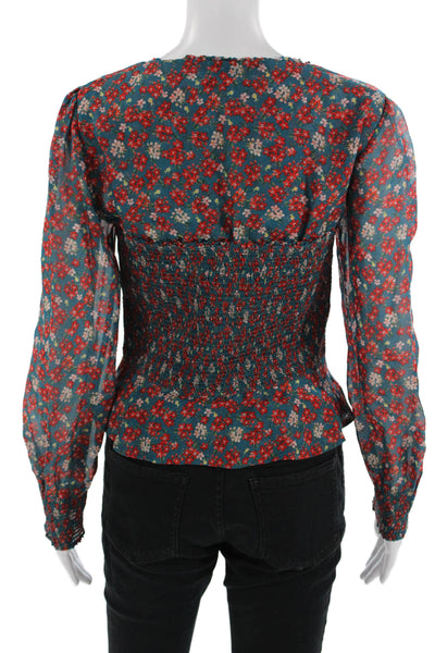 Intermix Women Blue Floral Viscose Square Neck Boho Blouse Long Sleeve Size 4