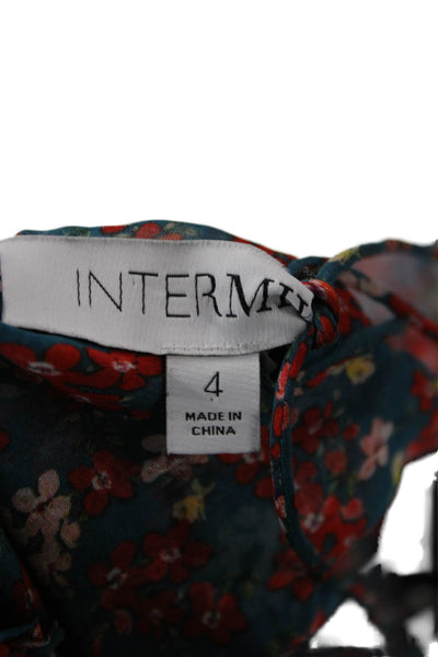Intermix Women Blue Floral Viscose Square Neck Boho Blouse Long Sleeve Size 4