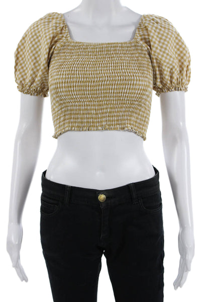 Peixoto Womens Cropped Beige Check Square Neck Blouse Short Sleeve Size S