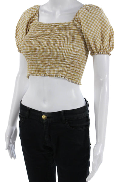 Peixoto Womens Cropped Beige Check Square Neck Blouse Short Sleeve Size S