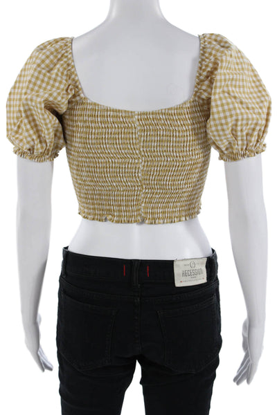 Peixoto Womens Cropped Beige Check Square Neck Blouse Short Sleeve Size S