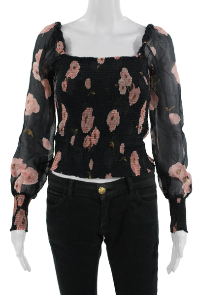 Intermix Women Cropped Black Floral Blouse Square Neck Long Sleeve Size S
