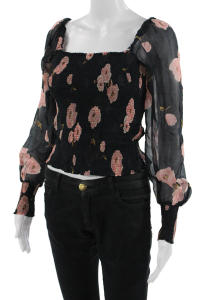 Intermix Women Cropped Black Floral Blouse Square Neck Long Sleeve Size S