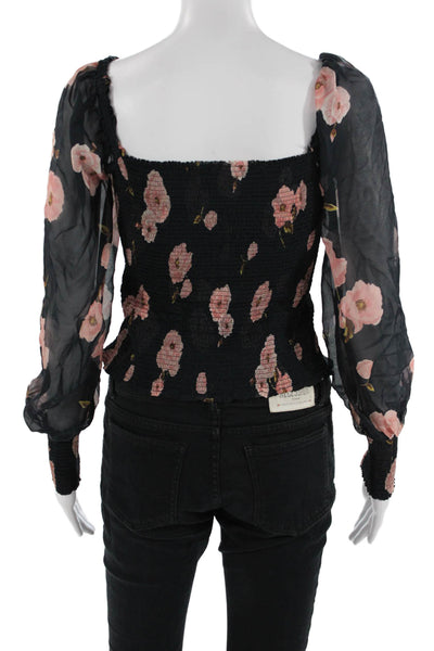 Intermix Women Cropped Black Floral Blouse Square Neck Long Sleeve Size S