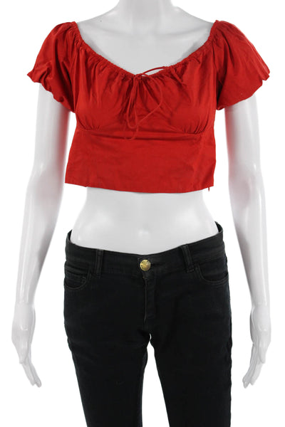 Zara Women Cropped Cotton Blouse Red Round Neck Short Sleeve Bohemian Size M