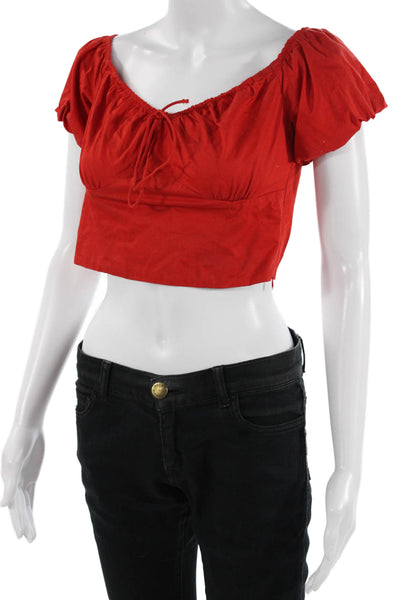 Zara Women Cropped Cotton Blouse Red Round Neck Short Sleeve Bohemian Size M