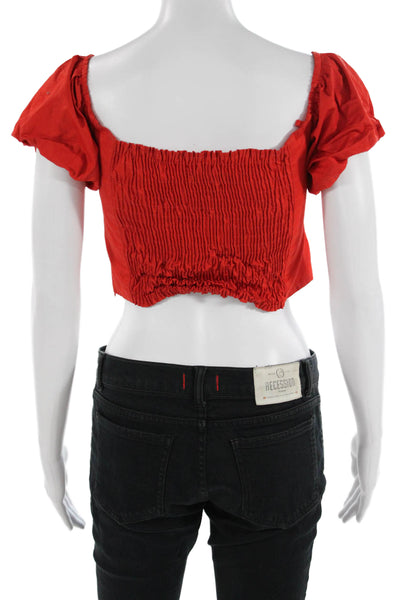 Zara Women Cropped Cotton Blouse Red Round Neck Short Sleeve Bohemian Size M