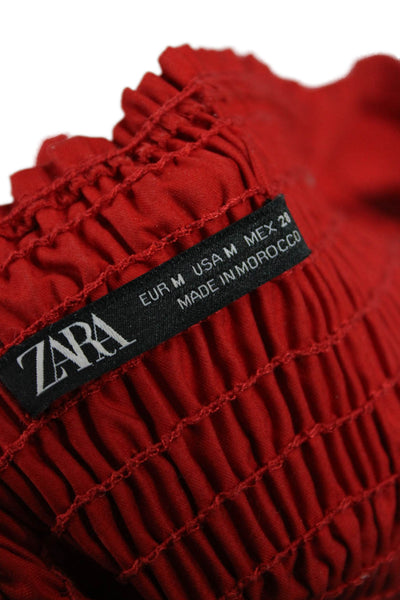 Zara Women Cropped Cotton Blouse Red Round Neck Short Sleeve Bohemian Size M