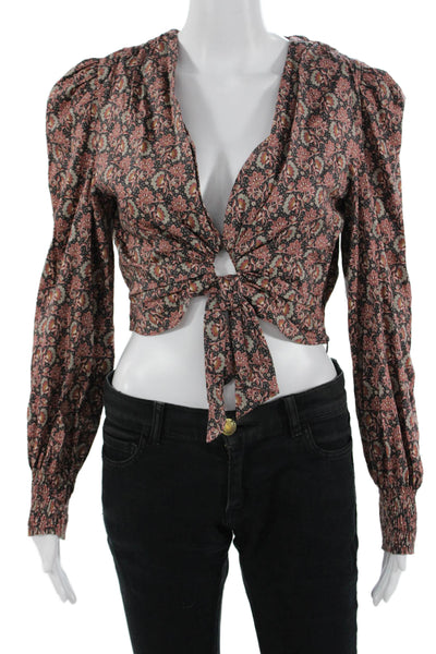 Zara Womens Cropped Floral Cotton Long Sleeve Blouse Black Size S