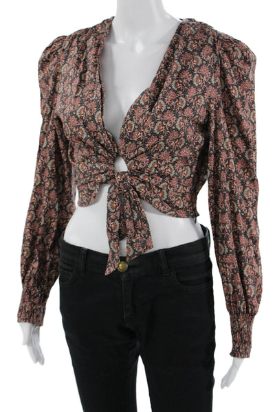 Zara Womens Cropped Floral Cotton Long Sleeve Blouse Black Size S