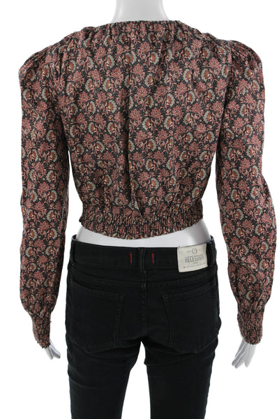 Zara Womens Cropped Floral Cotton Long Sleeve Blouse Black Size S