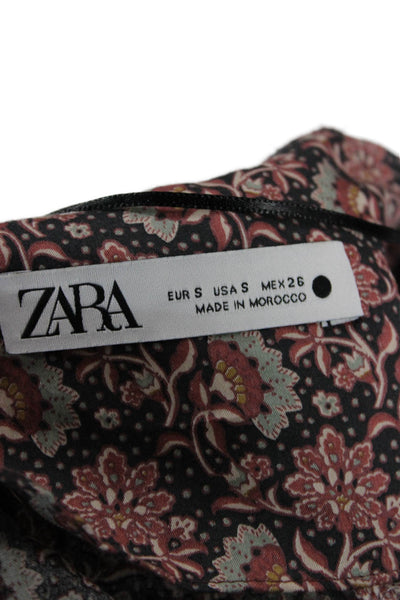 Zara Womens Cropped Floral Cotton Long Sleeve Blouse Black Size S