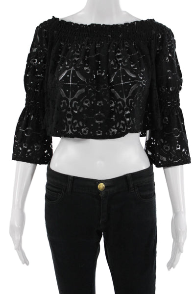 Zara Woman Women Cropped Black Geometric Nylon 3/4 Sleeve Blouse Size S