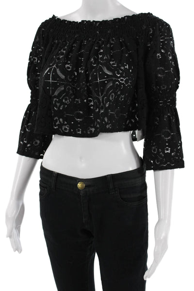 Zara Woman Women Cropped Black Geometric Nylon 3/4 Sleeve Blouse Size S