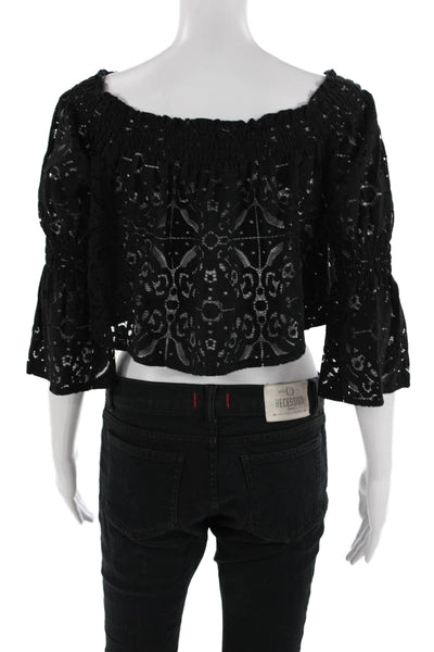 Zara Woman Women Cropped Black Geometric Nylon 3/4 Sleeve Blouse Size S